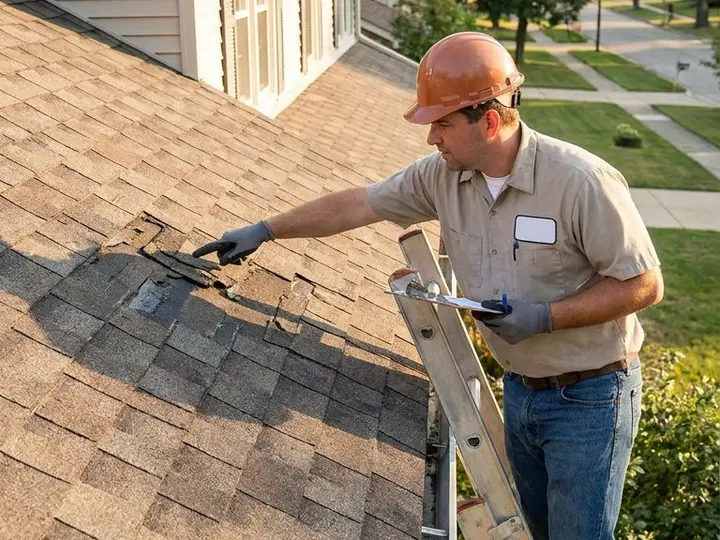 Licensed roofer inspecting shingles on a home's roof